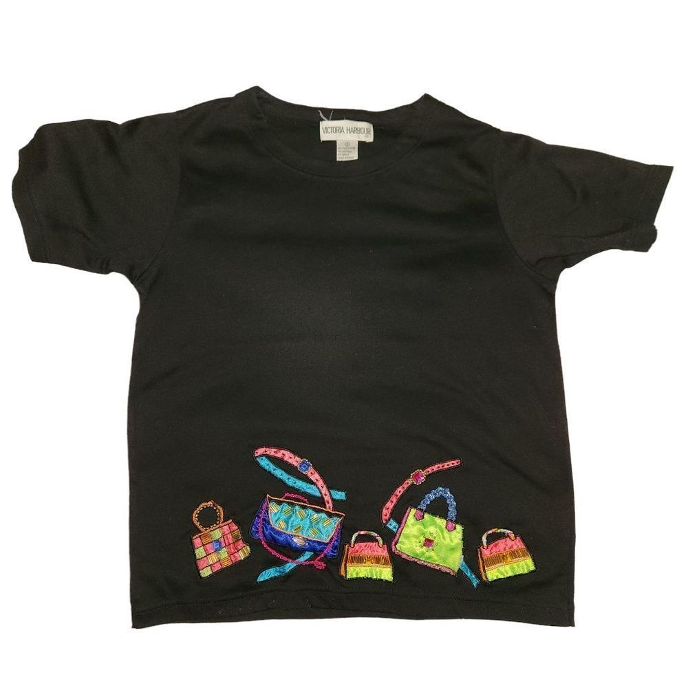 Vintage Victoria Harbor Black Tshirt with Colorful Handbags Design Size Small